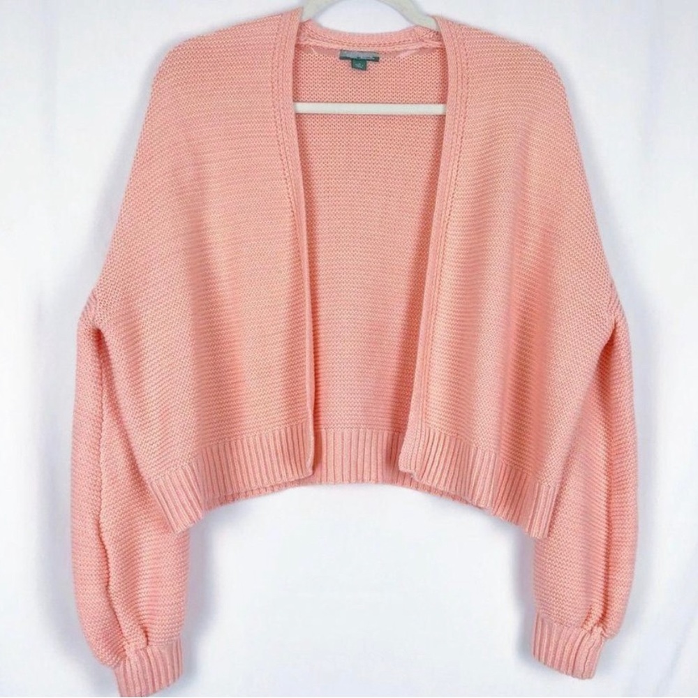 Chunky Cardigan Open Cropped Balloon Sleeve Pink M